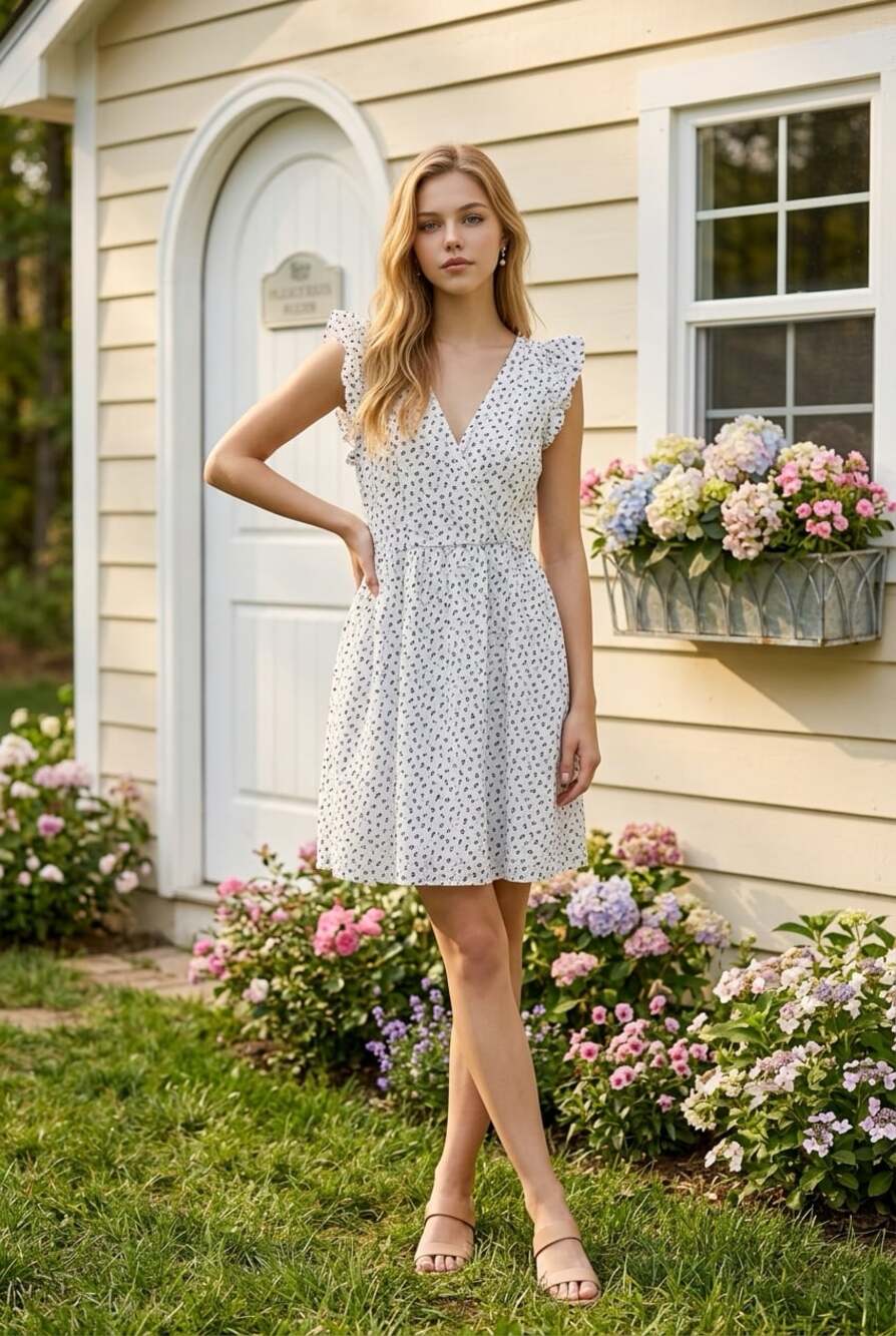LOFT White and Black Floral Eyelet Ruffle Sleeve Mini Dress size 8